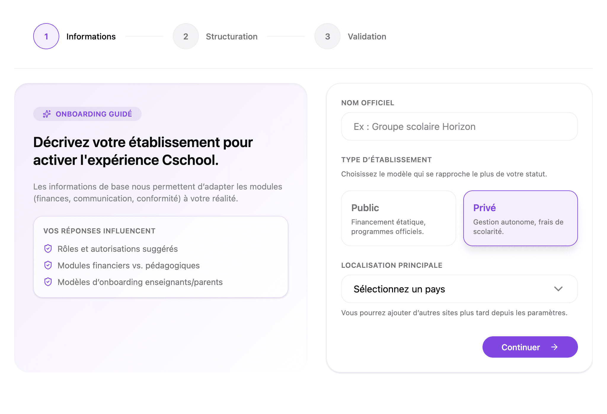 Assistant de création d'un établissement dans Cschool : nom officiel, type d'établissement et localisation