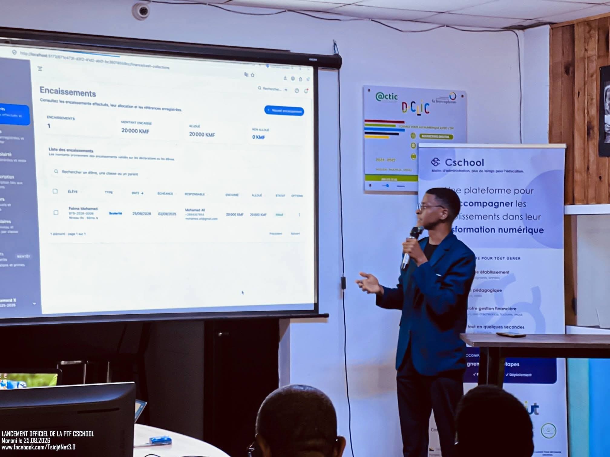 Présentation de la gestion financière de Cschool lors du lancement officiel de la plateforme